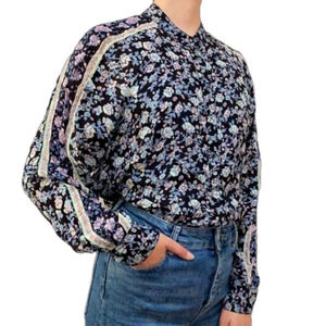 Free People Blue Floral Print Long Sleeve Shirt Size XS
